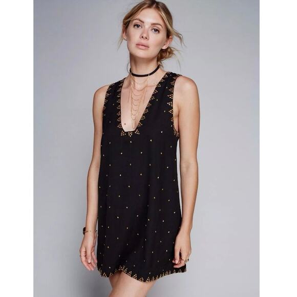 Free People SoHo Black Studded Embroidered Sleeveless Tank Mini Dress Size 6 - Picture 2 of 8